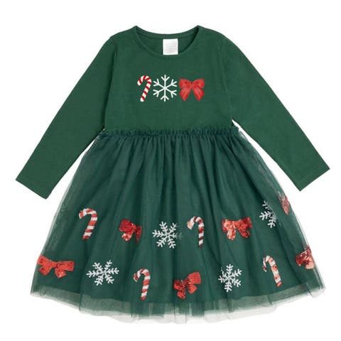 Emerald Candy Cane Sequin Christmas Long Sleeve Tutu Dress (Toddler, Little Kid & Big Kid)