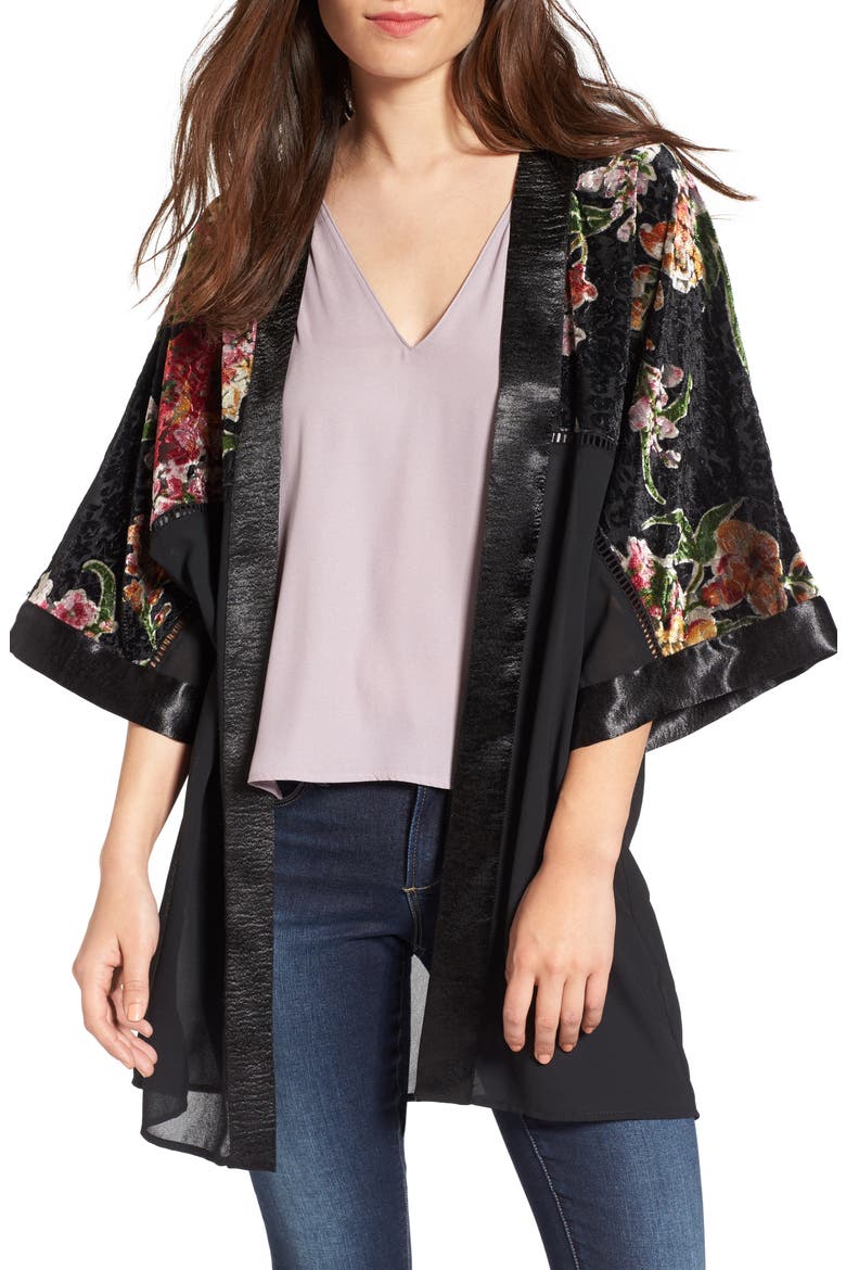 Burnout Floral Kimono, Main, color, BLACK