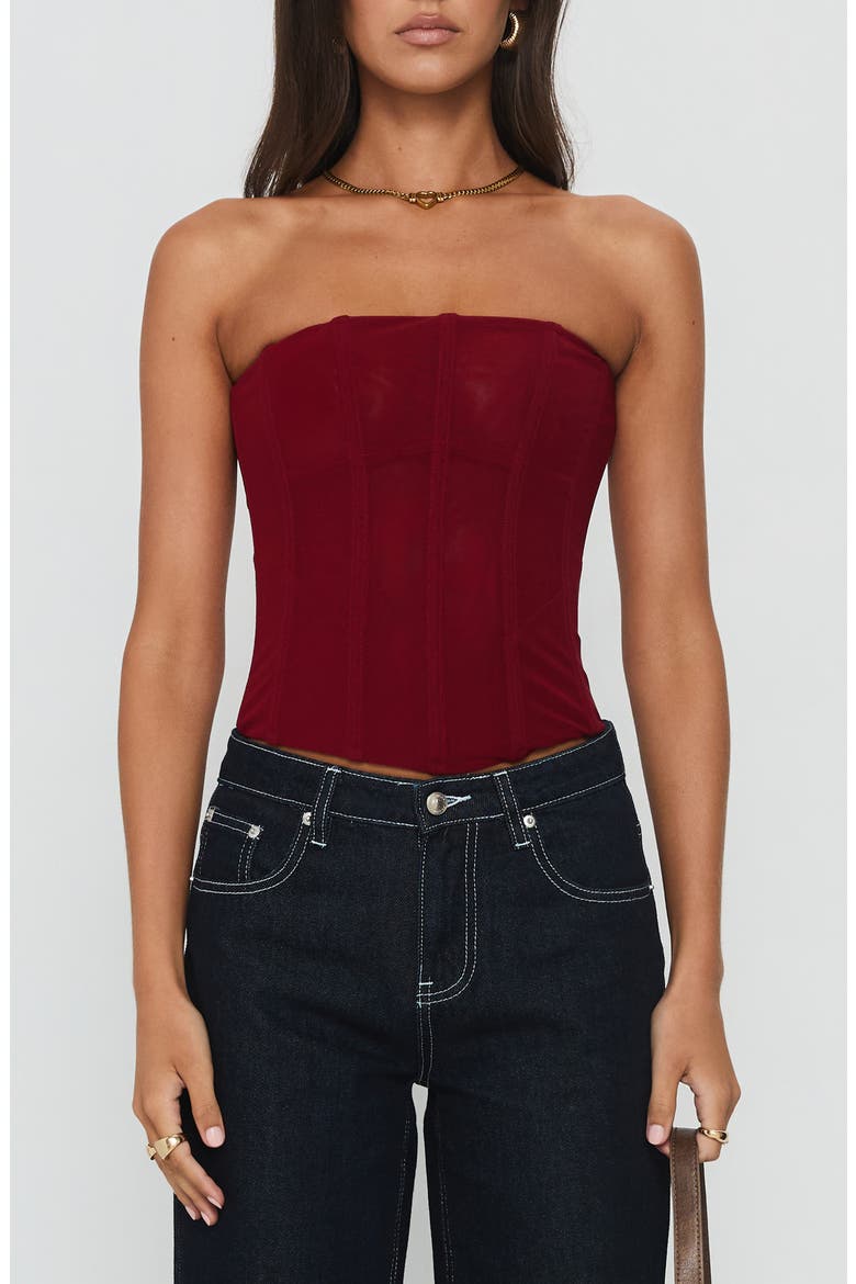 Oscuro Strapless Mesh Corset Top, Main, color, BERRY