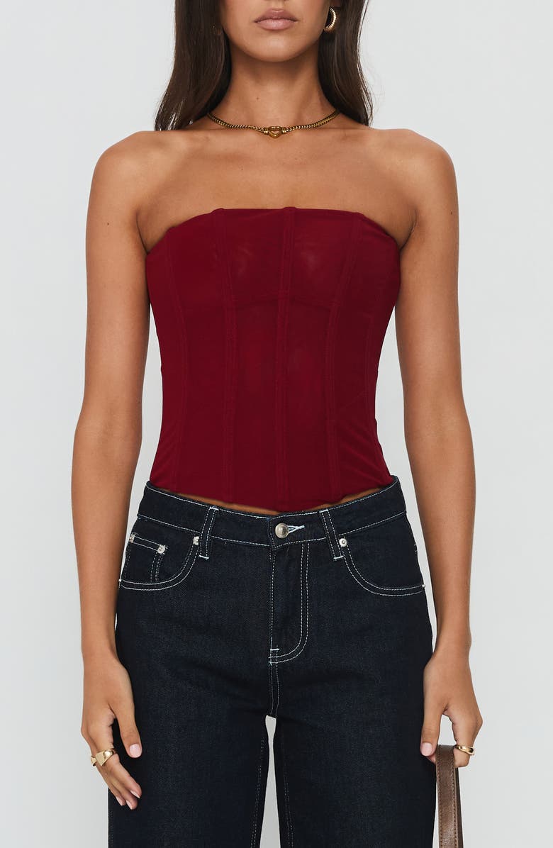 Princess Polly Oscuro Strapless Mesh Corset Top, Main, color, Berry