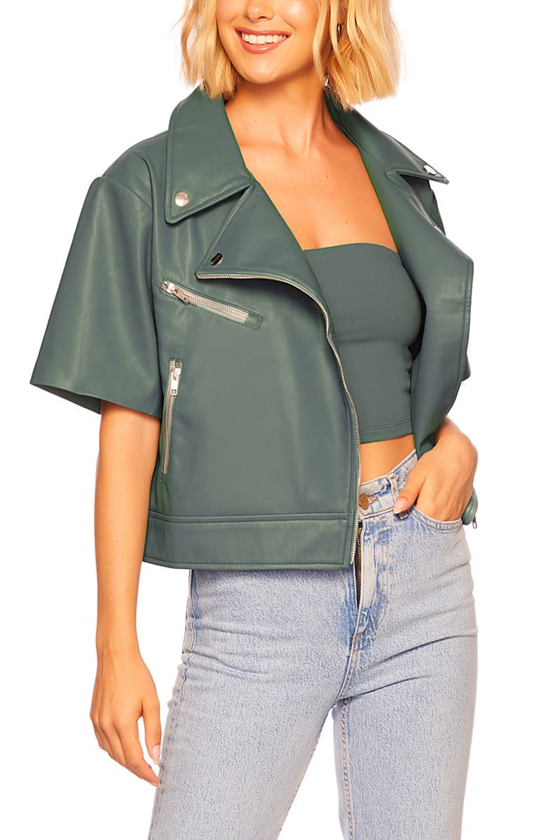Susana Monaco Short Sleeve Crop Faux Leather Moto Jacket, Alternate, color,