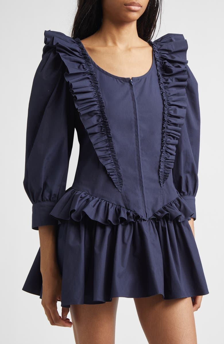 Sandy Liang Callie Ruffle Cotton Poplin Minidress, Alternate, color, Navy