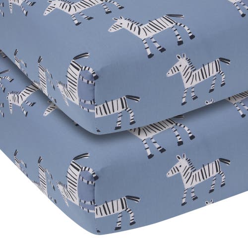 Lambs & Ivy Signature Zebra Organic Cotton 2-pack Fitted Crib Sheets In Blue