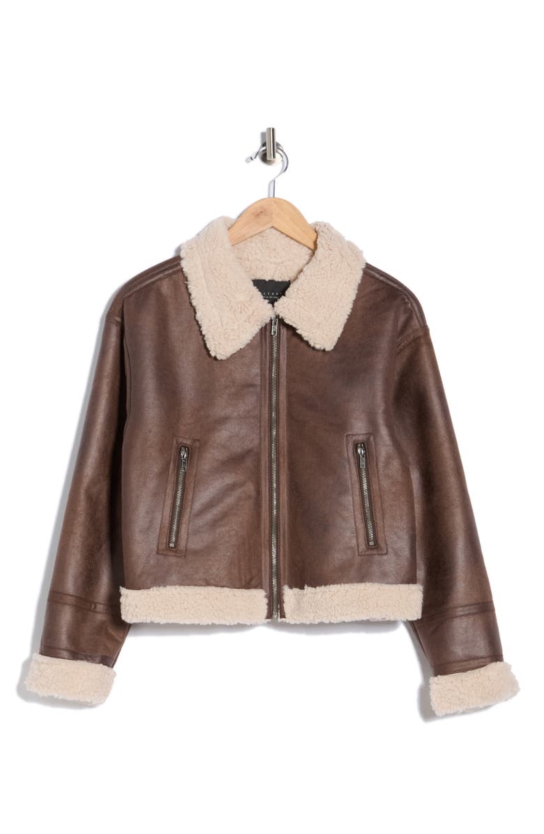 Sanctuary Faux Shearling Lined Faux Leather Crop Jacket, Main, color, Brown