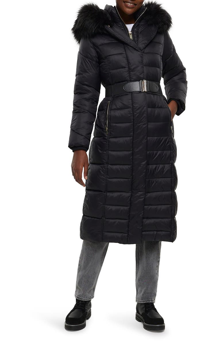 River Island Belted Longline Hooded Puffer Jacket with Removable Faux Fur Trim, Main, color, 