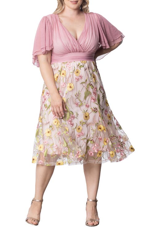 Lillian Embroidered Flutter Sleeve Cocktail Dress (Plus)