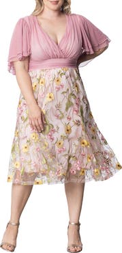 Kiyonna Lillian Embroidered Flutter Sleeve Cocktail Dress