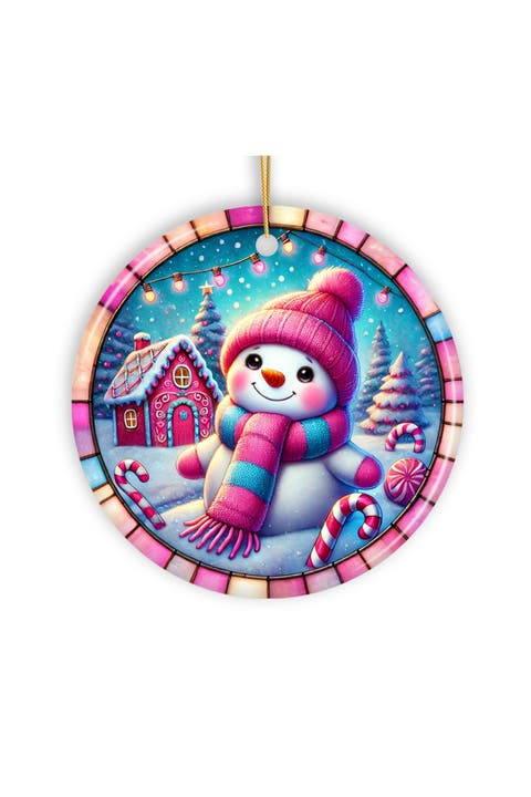 Candyland Snowman Pink Gingerbread House Ornament