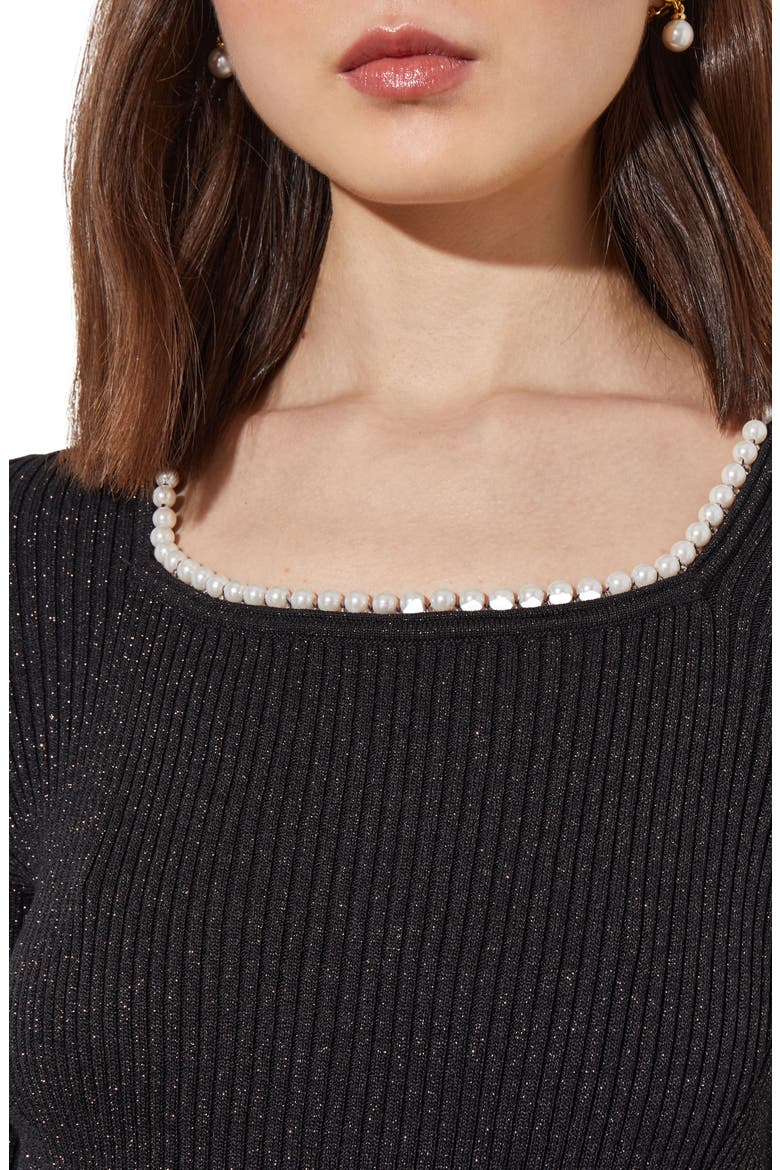 Imitation Pearl Collar Shimmer Rib Sweater, Alternate, color, BLACK/SILVER