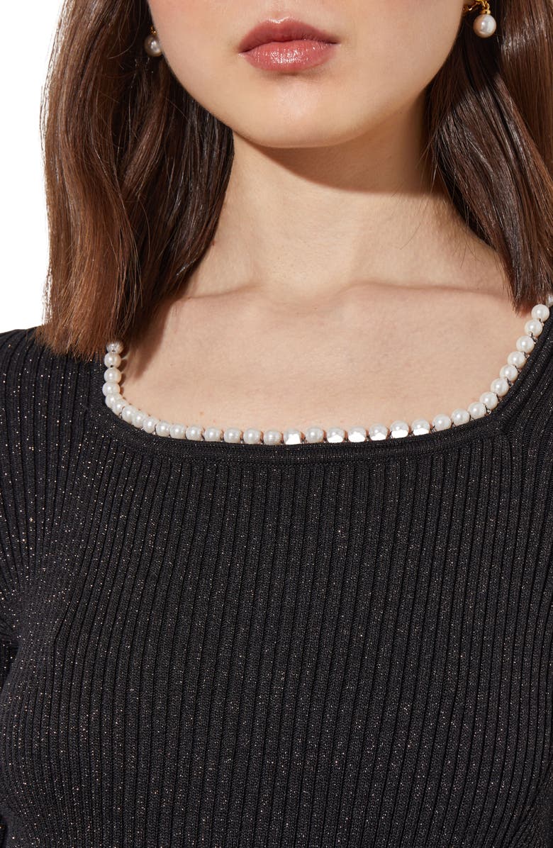 Ming Wang Imitation Pearl Collar Shimmer Rib Sweater, Alternate, color, Black/ Silver