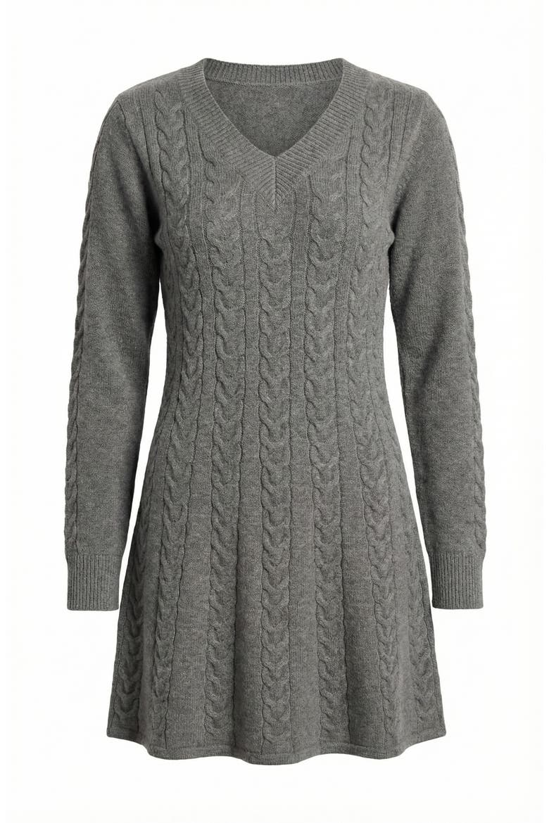 Cable Knit V-Neck Sweater Dress, Alternate, color, Heather Grey