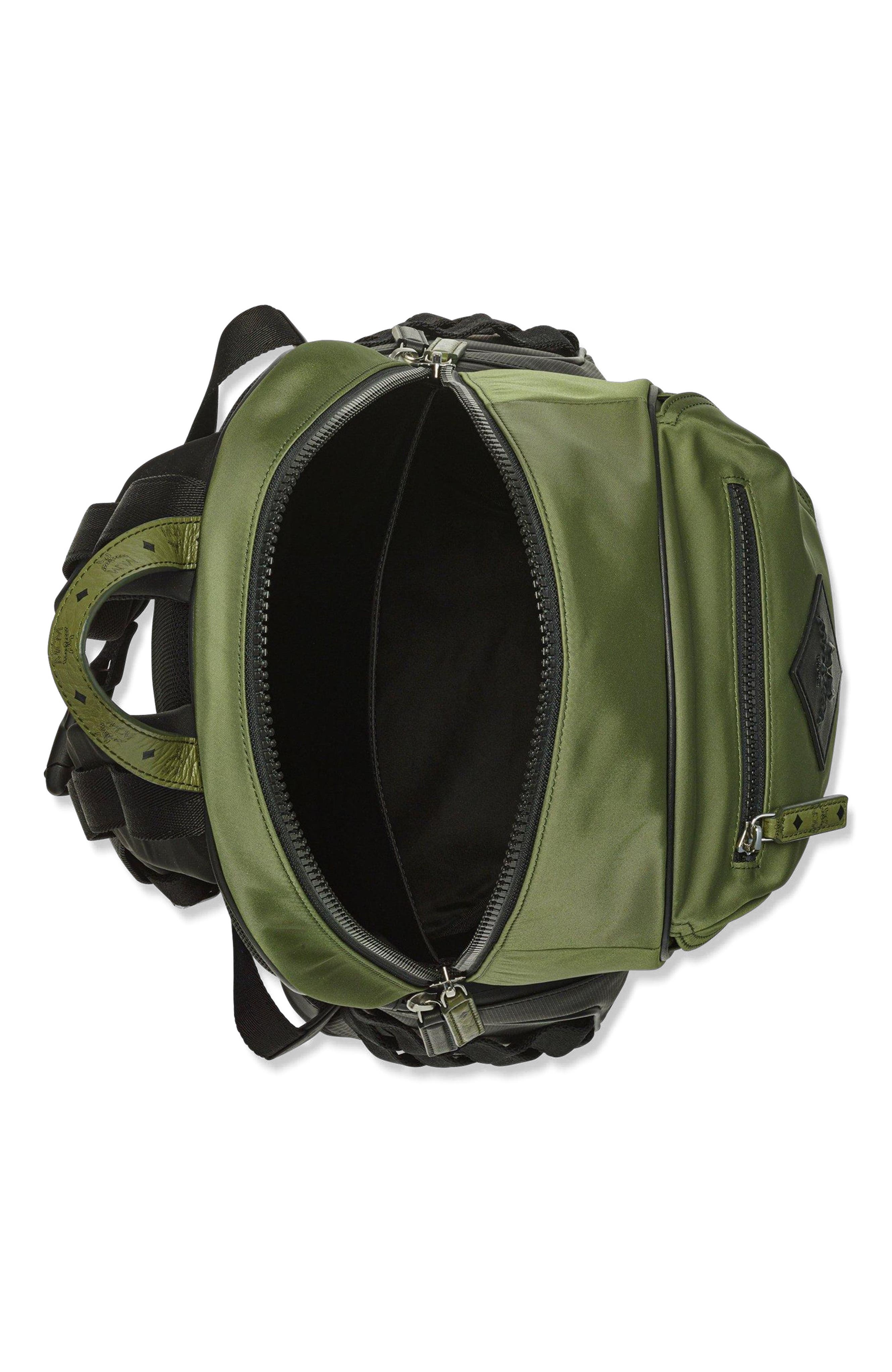 MCM Aren Backpack in ECONYLÂ<sup>®</sup> and Monogram Print Leather, Alternate, color, Khaki Moss