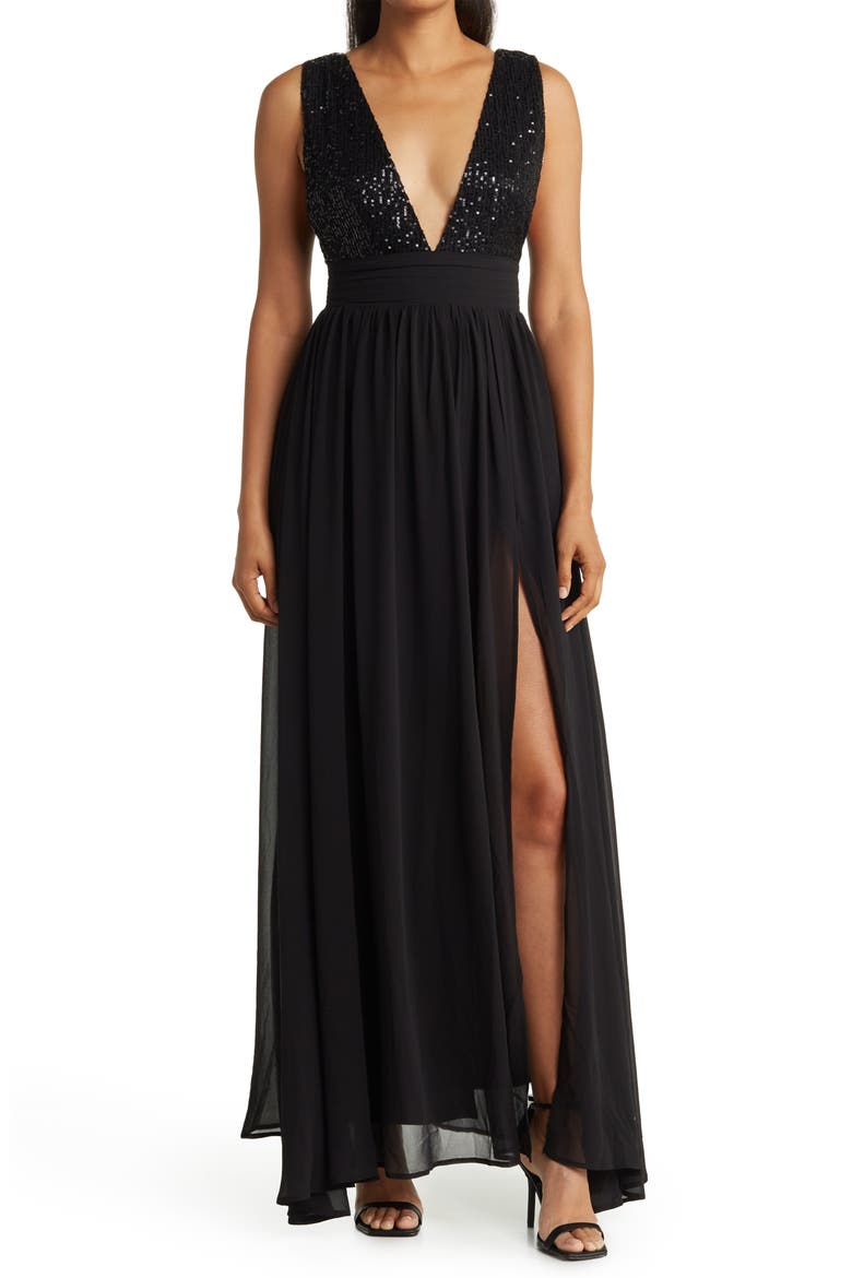 Daphne Sequin Top V-Plunge Maxi Dress, Main, color, BLACK