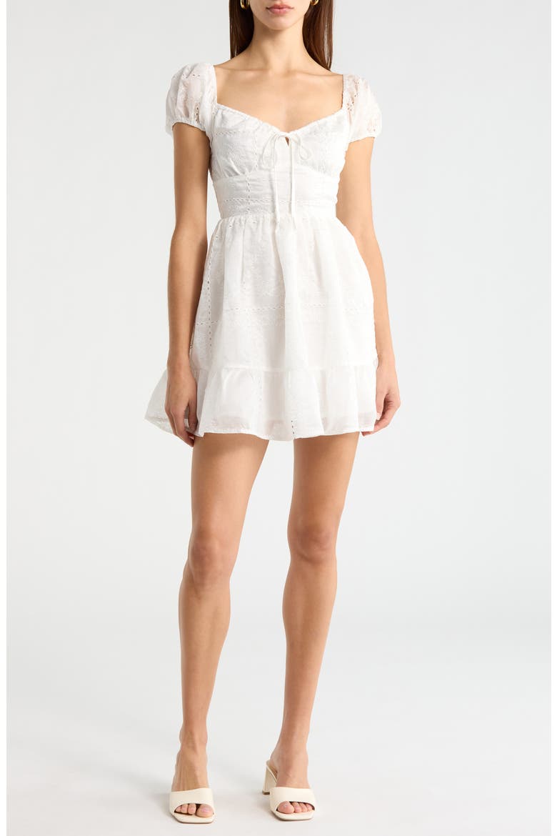 Embroidered Eyelet Ruffle Hem Minidress, Main, color, WHITE