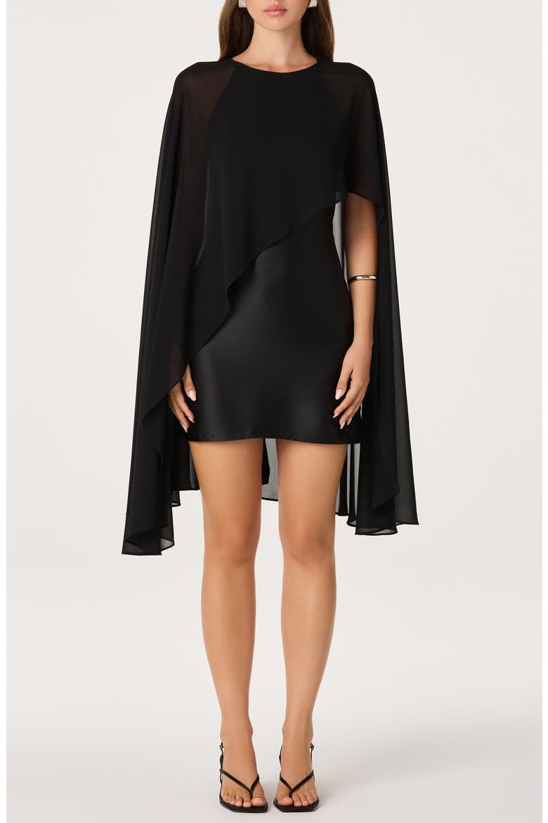 Ginevra Capelet Stretch Satin Minidress, Main, color, BLACK