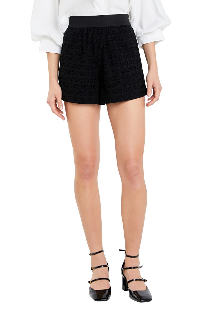 Floral Embroidered Cotton Shorts, Main, color, BLACK