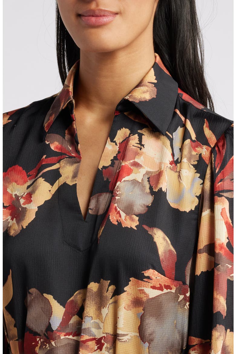 Floral Long Sleeve Midi Shirtdress, Alternate, color, BLACK AND ORANGE