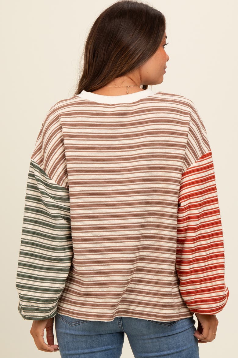 Striped Colorblock Bubble Sleeve Top, Alternate, color, Brown
