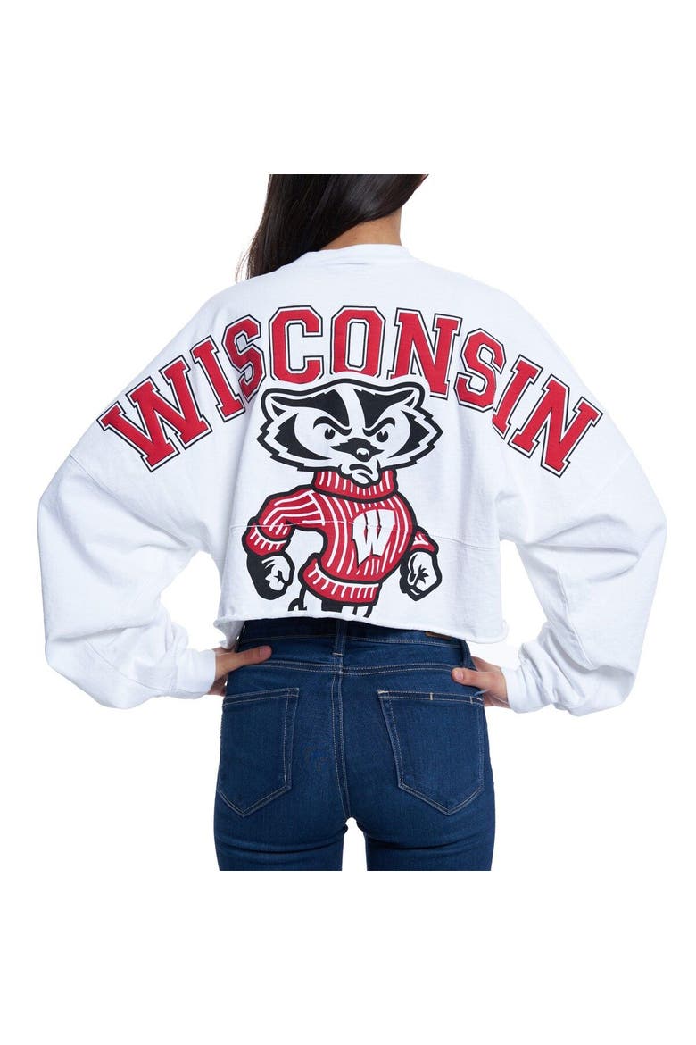 Women's White Wisconsin Badgers Raw Hem Cropped Spirit Jersey Long Sleeve T-Shirt, Alternate, color, WHITE