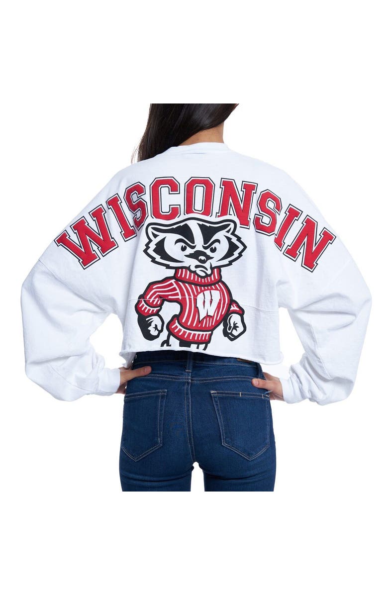 SPIRIT JERSEY Women's White Wisconsin Badgers Raw Hem Cropped Spirit Jersey Long Sleeve T-Shirt, Alternate, color, White