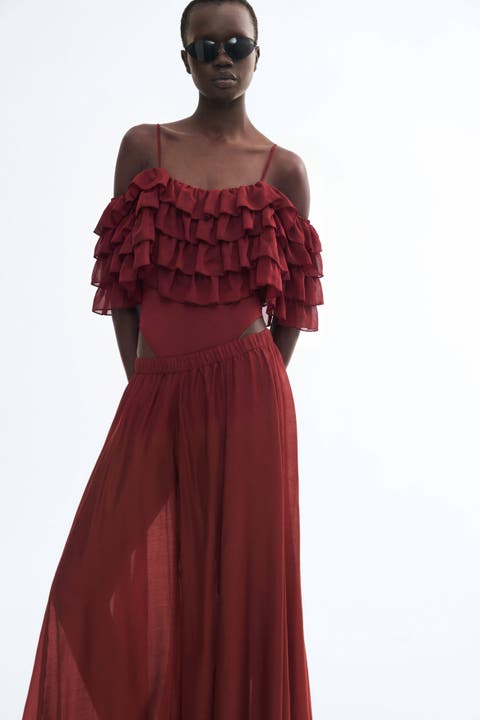 Ruffled Open-Shoulder Bodysuit