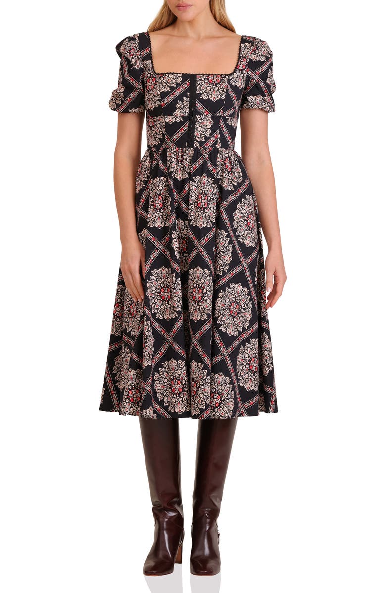 Avec Les Filles Botanical Print Corset Bodice Stretch Cotton Midi Dress, Main, color, Florentine Foulard