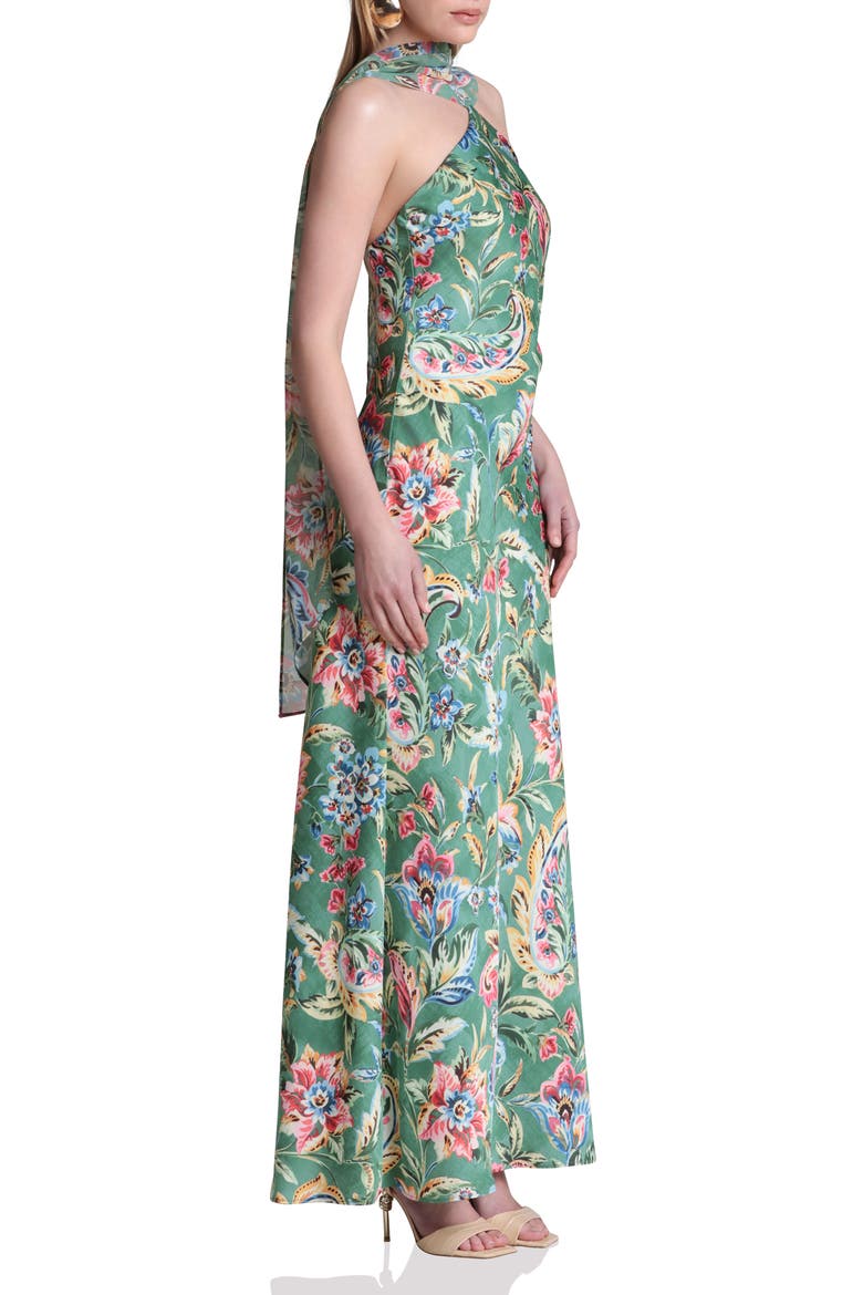 Print Scarf Sleeveless Maxi Dress, Alternate, color, OLIVE DAMASK