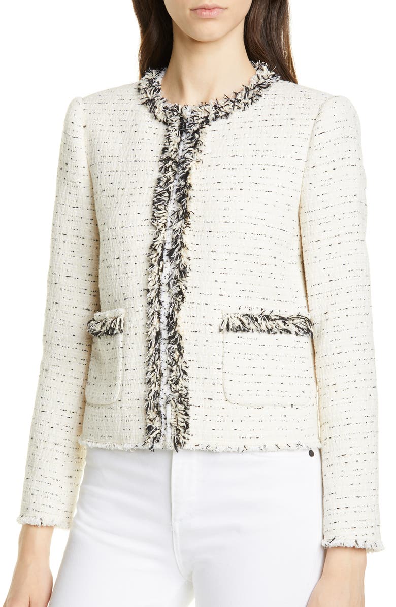 Rebecca Taylor Fringe Detail Cotton Blend Tweed Jacket, Alternate, color,