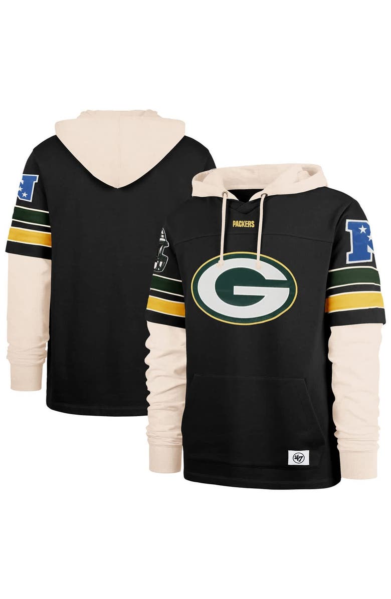 '47 Men's '47 Black Green Bay Packers Split Zone Cornerback Duo Hoodie, Main, color,