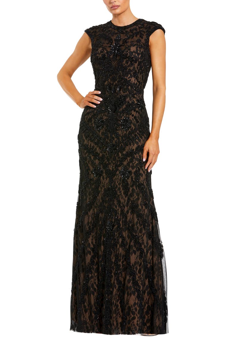 Beaded Lace Mesh High-Neck Sleeveless Column Gown, Main, color, Black Nude