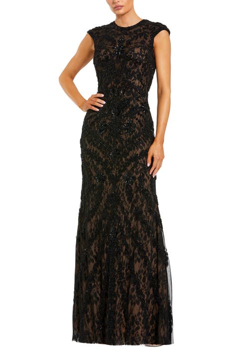 Beaded Lace Mesh High-Neck Sleeveless Column Gown