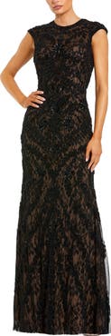 Mac Duggal Beaded Lace Mesh High-Neck Sleeveless Column Gown