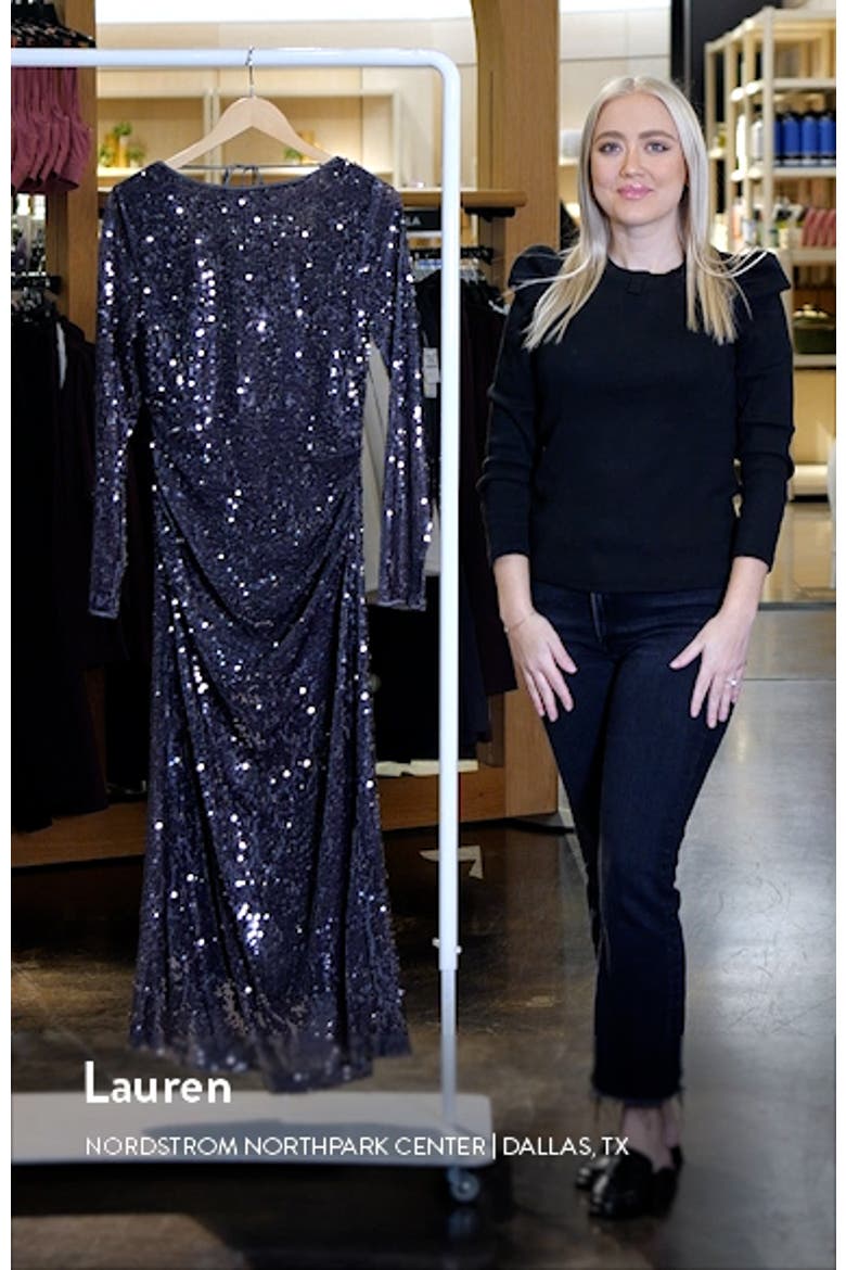 Kieran Sequin Cowl Back Long Sleeve Cocktail Dress video
