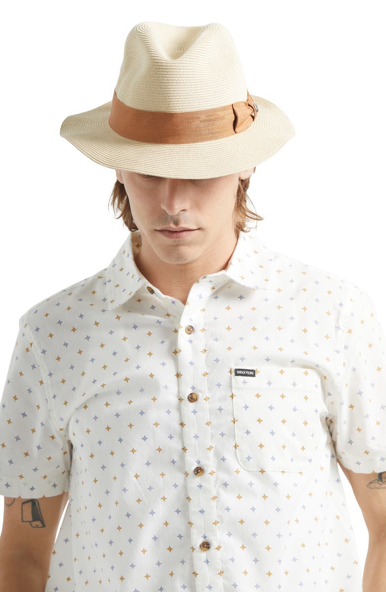 Brixton Roma Packable Straw Fedora, Alternate, color, Natural/ Bronze