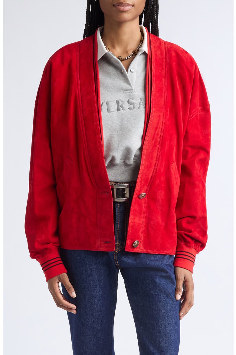 Lambskin Suede V-Neck Blouson Jacket, Main, color, RED MATISSE