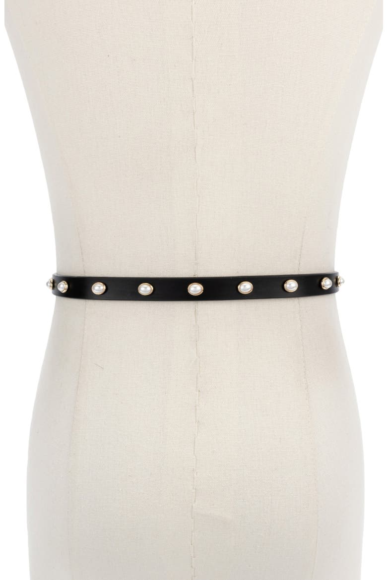 Faux Pearl Halo Stud Leather Belt, Alternate, color, BLACK