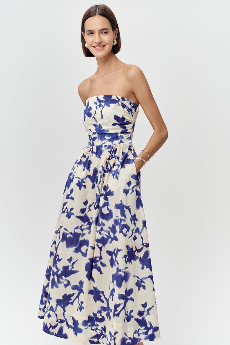 Antonin Strapless Smocked Pocketed Midi Dress, Alternate, color, Sax