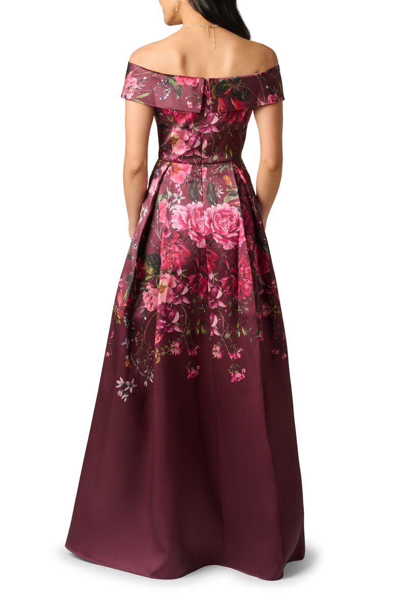 Off Shoulder Garden Floral Mikado Ballgown, Alternate, color, BURGUNDY MULTI