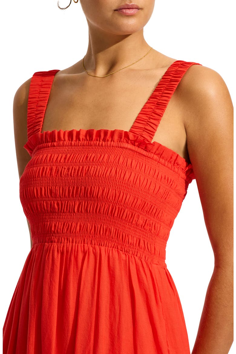 Faithful Smocked Tiered Cotton Cover-Up Midi Dress, Alternate, color, FLAME