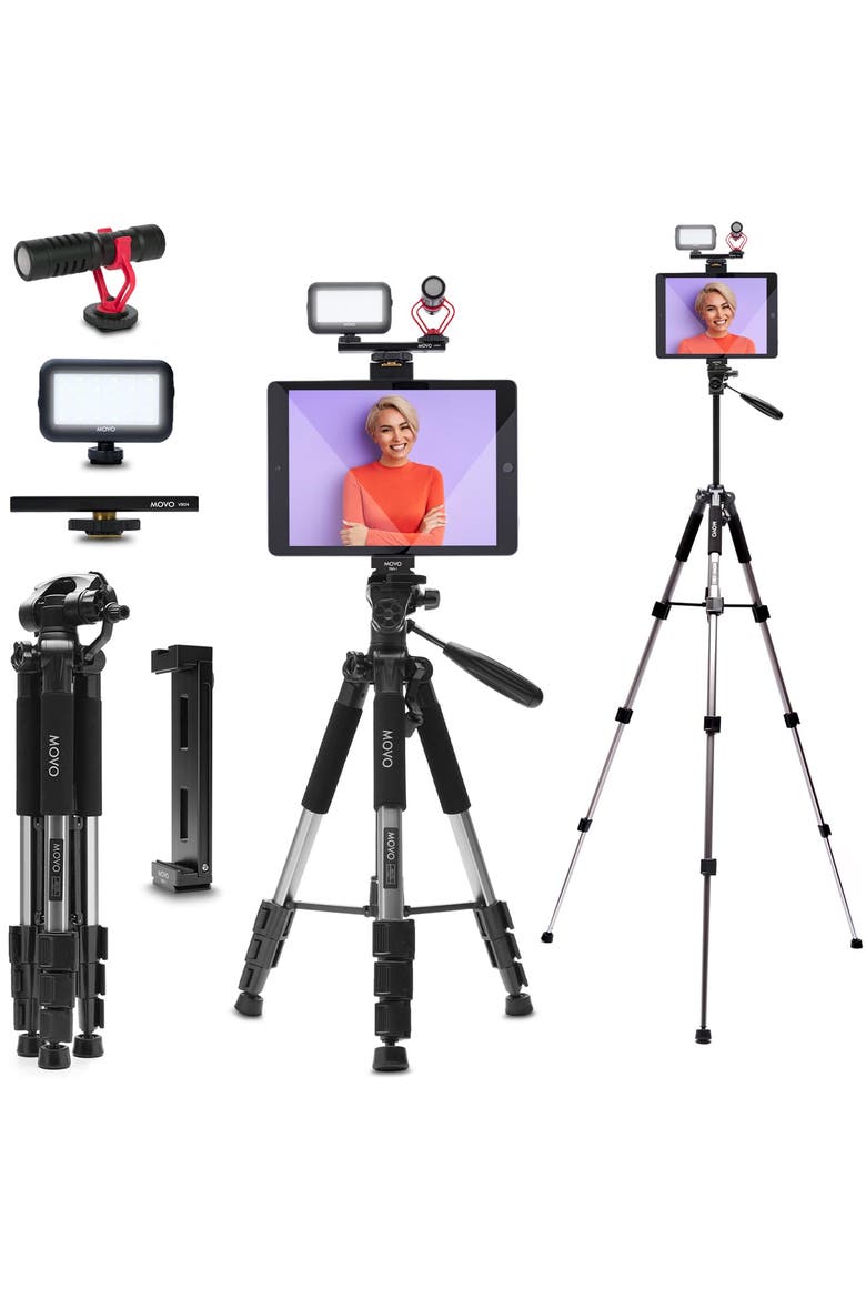 Tablet Vlogging Kit for iPad with Mic, Light, Full-Size Tripod, Main, color, Black