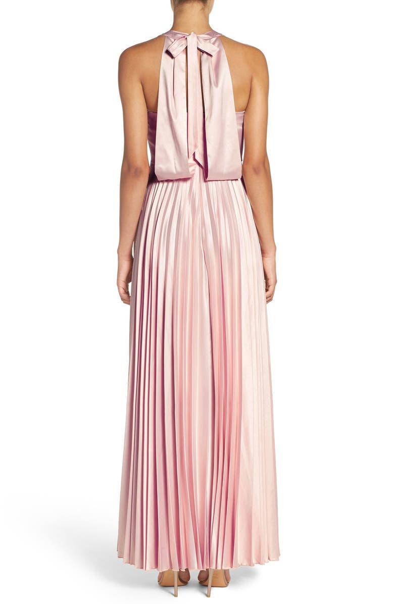 Lulus Bow Back Pleat Satin Gown, Alternate, color,