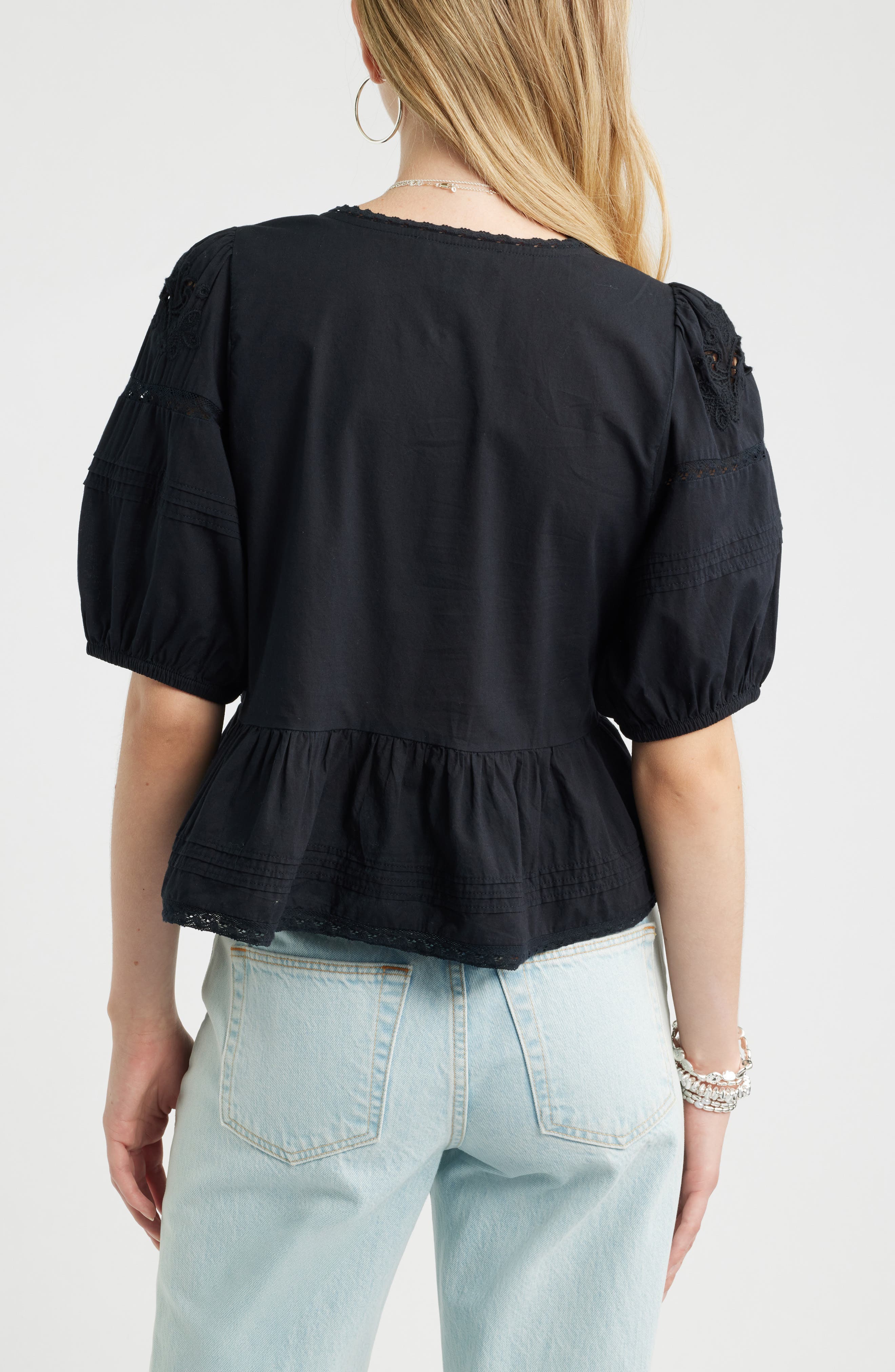 Treasure & Bond Cutwork Puff Sleeve Cotton Top (Women) | Nordstrom