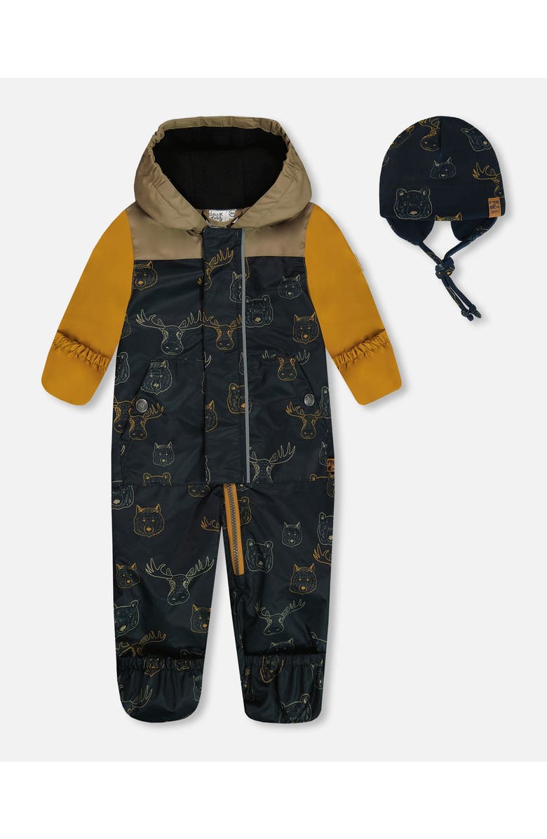 Deux par Deux Baby Boy's Baby Printed Mid-Season One-Piece Outerwear With Hat Beige Animals On Black Background, Main, color, 