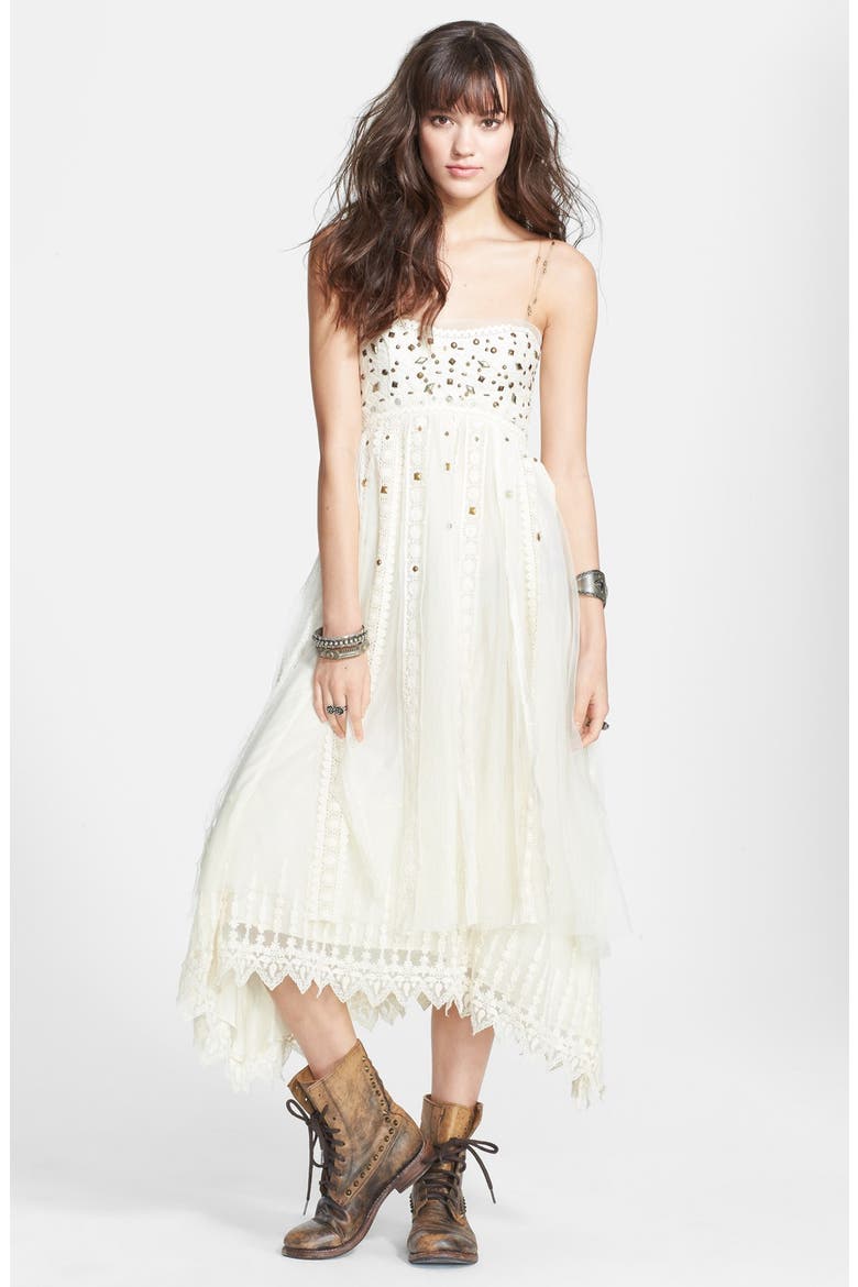 Stud Lace Trim Midi Dress, Main, color, IVORY