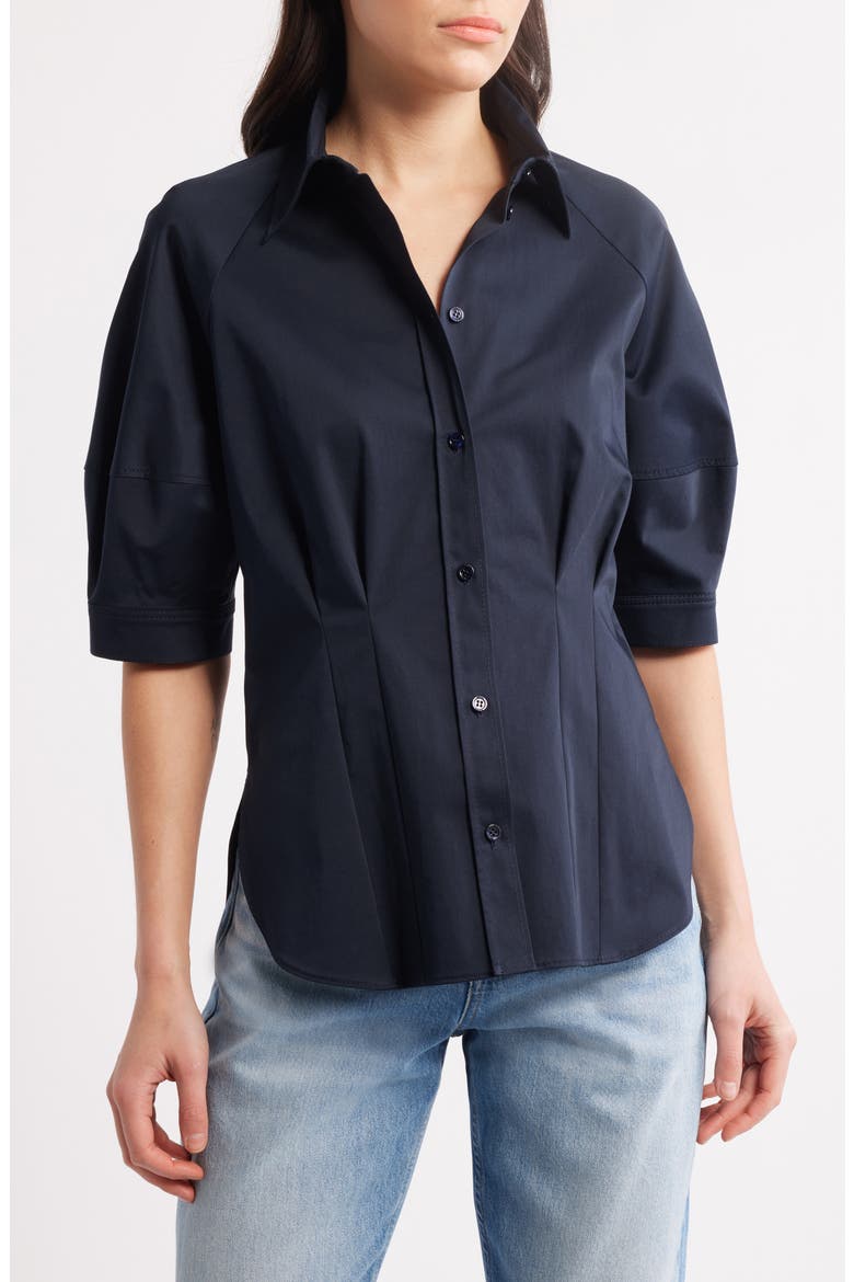 Belaurena Puff Elbow Sleeve Button-Up Shirt, Main, color, DK BU