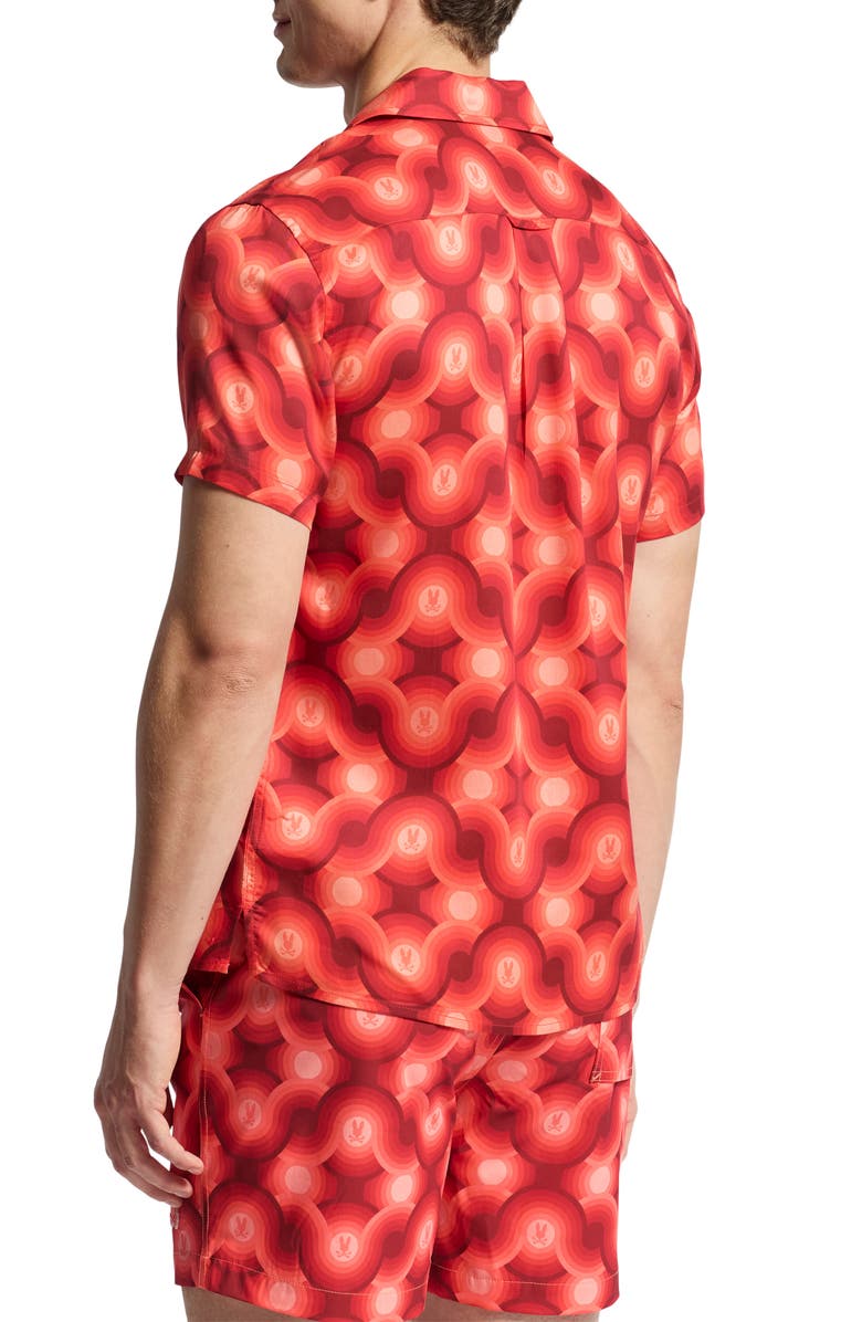 Psycho Bunny Paros Wave Print Lyocell Camp Shirt, Alternate, color, Hot Coral