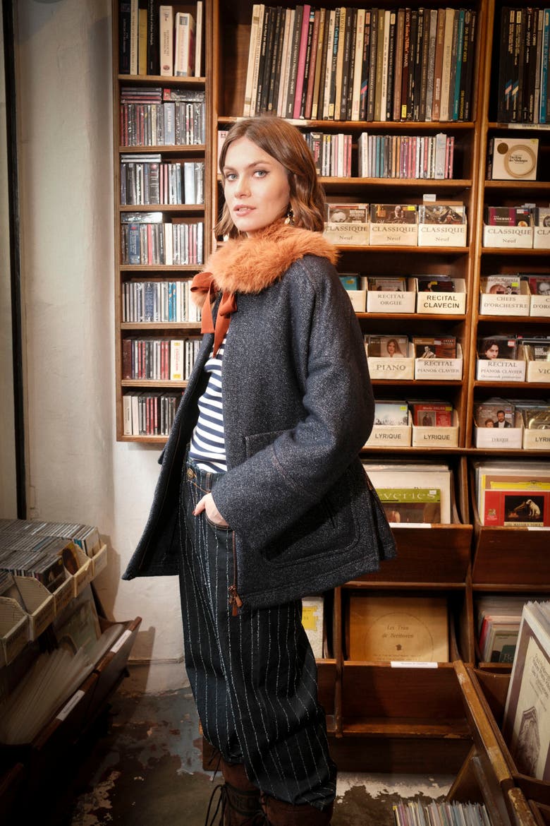 Double Coat In Jeans Look With Fake Fur Collar, Alternate, color, Denim Blue