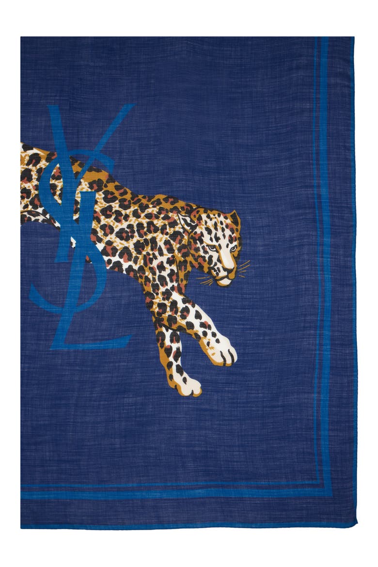 Leopard Grand Carré 140 Wool Scarf, Main, color, 4188 NAVY/ BLUE