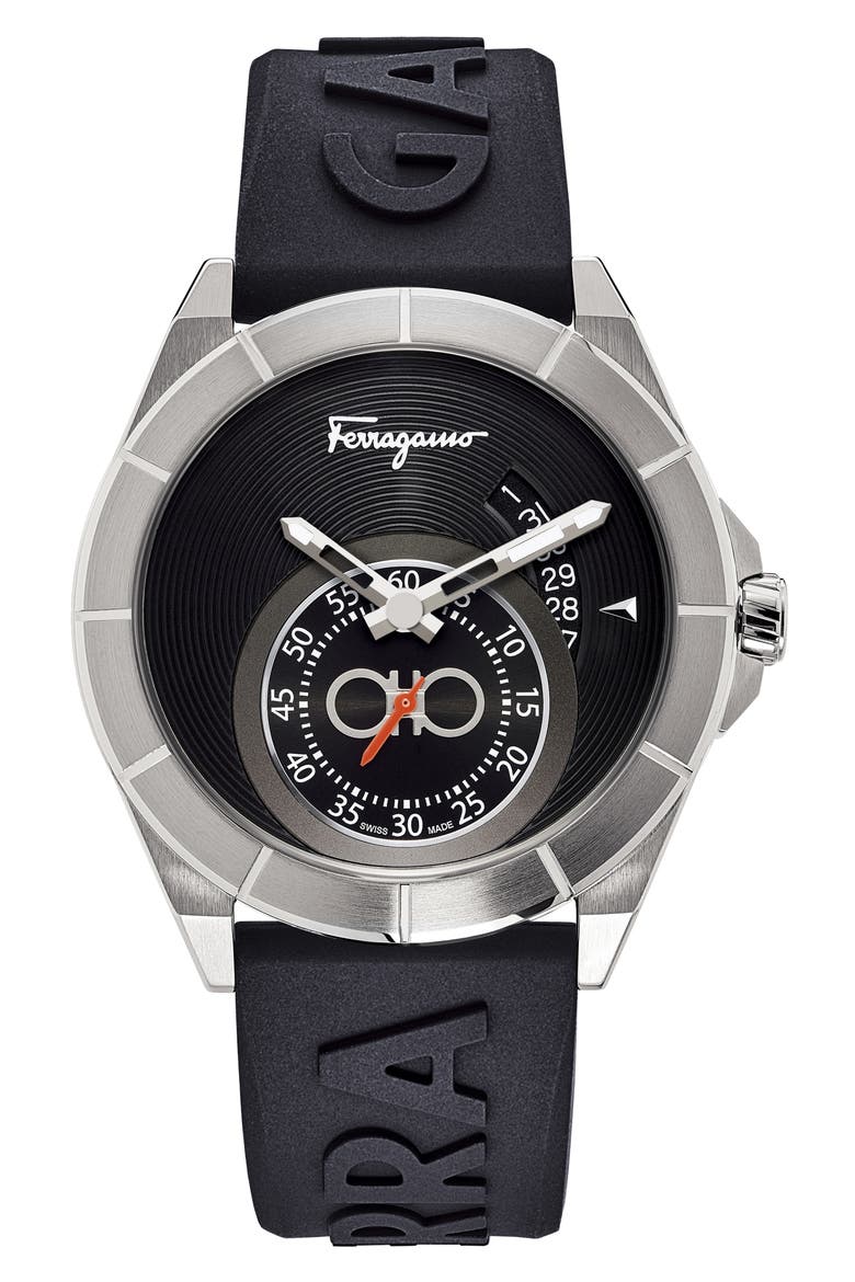Salvatore Ferragamo Urban Silicon Strap Watch, 43mm, Main, color, BLACK/ SILVER