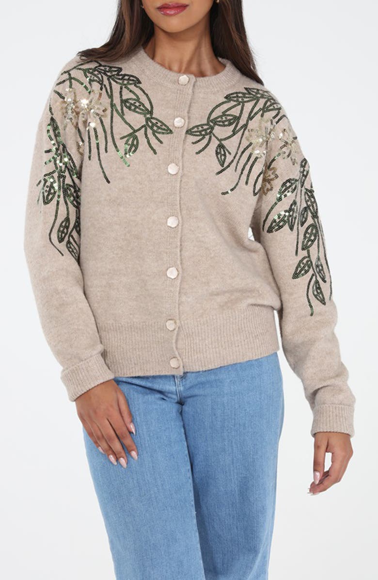 RAIN AND ROSE Sequin Cardigan, Main, color, Tan